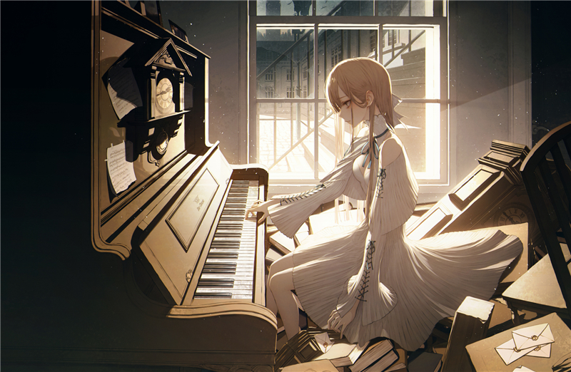 动漫弹钢琴角色少女场景背景图集原画插画cg壁纸图片素材美术资料